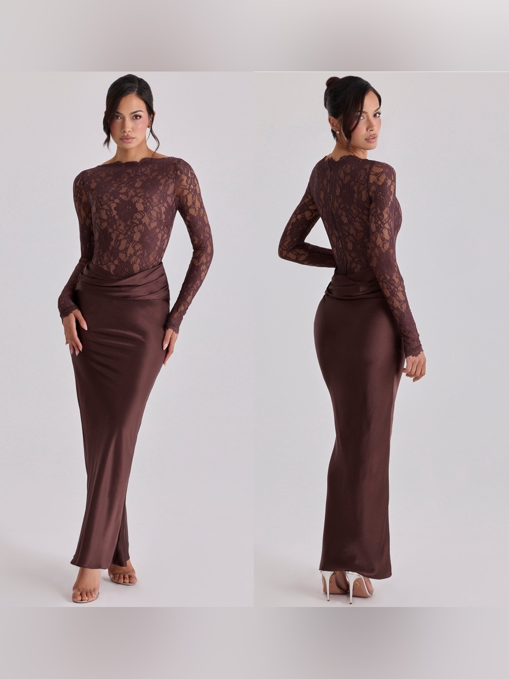 House of CB YASMEEN Espresso Brown Lace + Satin Draped Maxi Dress size L NWOT - Picture 2 of 10
